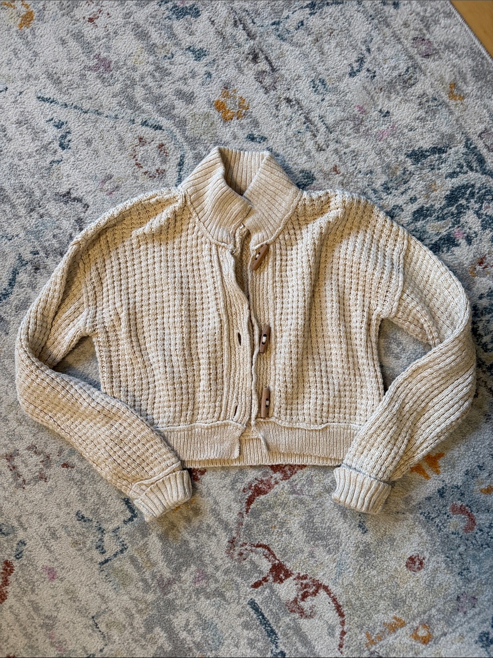Free People Cream Cropped Waffle Knit Cardigan